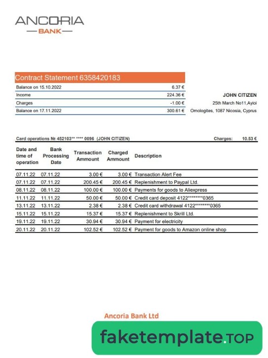 Feature of fake Cyprus Ancoria bank statement xls